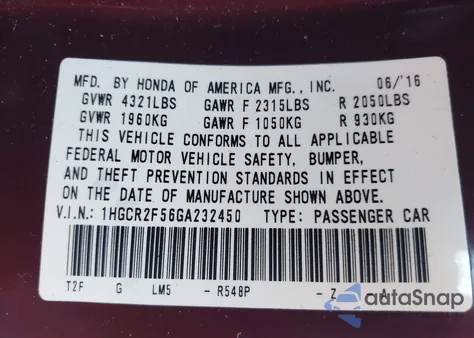 2016 Honda Accord Sport z USA, uszkodzony, nr VIN 1HGCR2F56GA232450